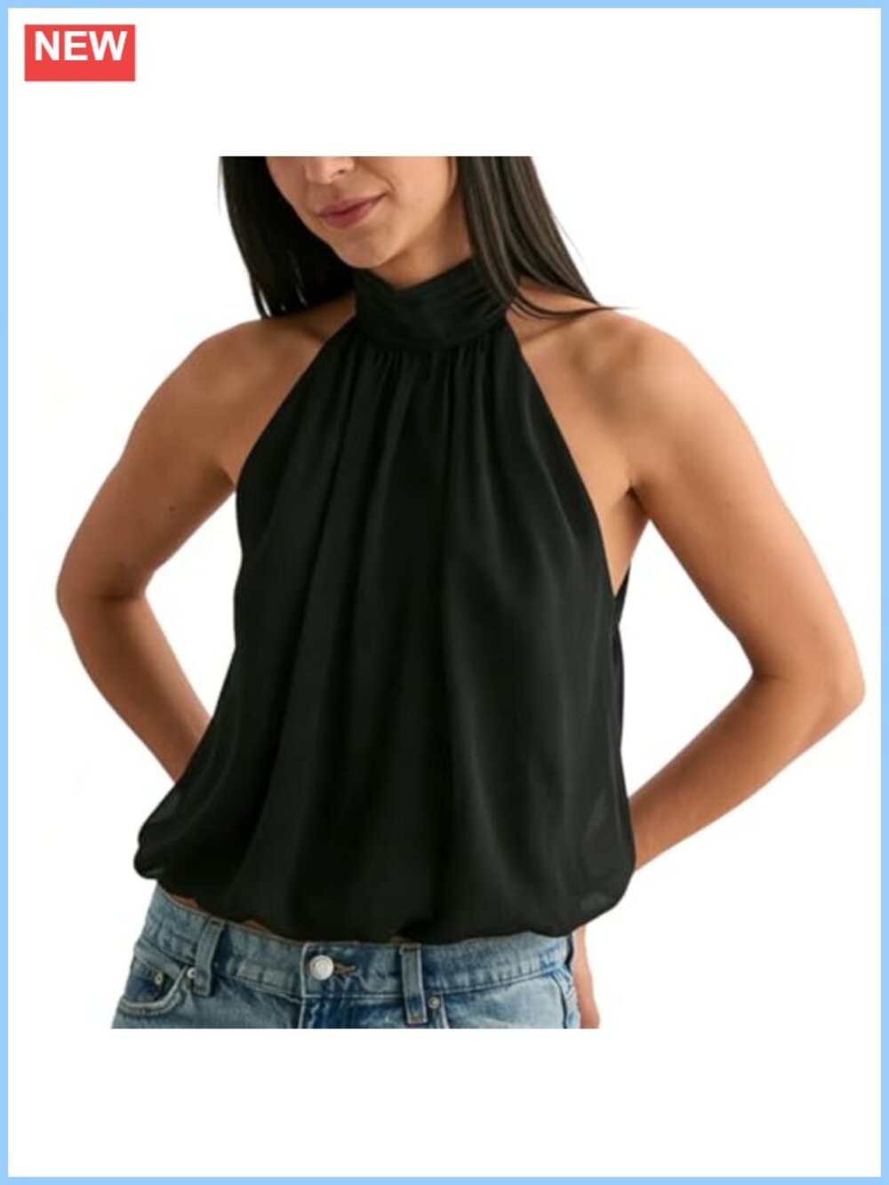 Women Chiffon Halter Top Open Back Mock Neck Y2K Sleeveless Crop